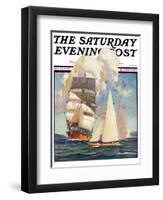 "Ship and Sailboats," Saturday Evening Post Cover, July 16, 1932-Gordon Grant-Framed Premium Giclee Print