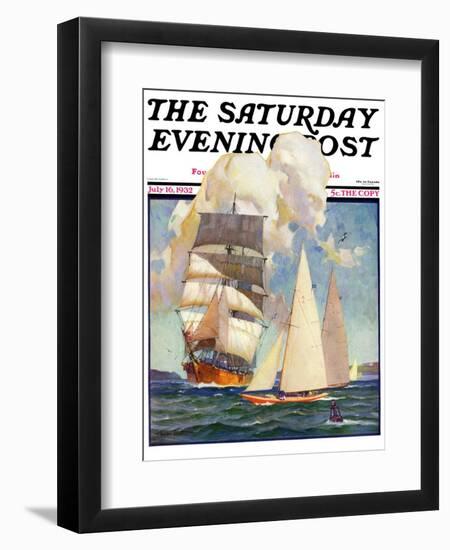 "Ship and Sailboats," Saturday Evening Post Cover, July 16, 1932-Gordon Grant-Framed Premium Giclee Print