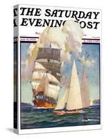 "Ship and Sailboats," Saturday Evening Post Cover, July 16, 1932-Gordon Grant-Stretched Canvas