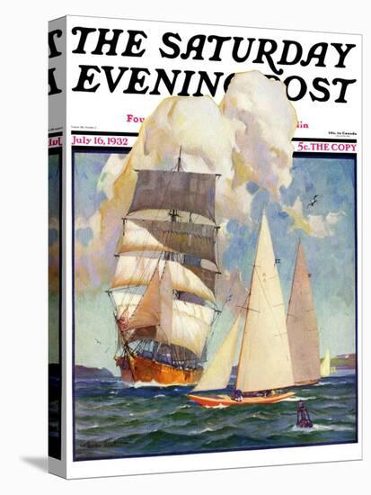 "Ship and Sailboats," Saturday Evening Post Cover, July 16, 1932-Gordon Grant-Stretched Canvas