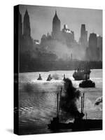 Ship and Tug Boat Traffic on the Hudson River with New York City Skyline-Andreas Feininger-Stretched Canvas