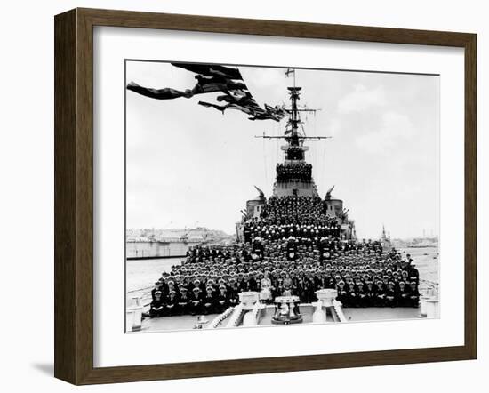 Ship HMS Glasgow: Lord Mountbatten,Queen Elizabeth, Prince Philip and the Crew-null-Framed Premium Photographic Print