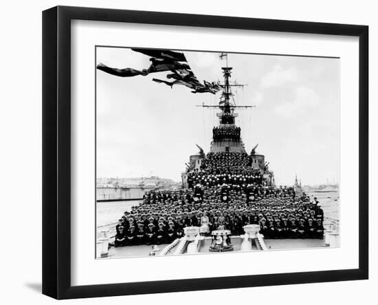 Ship HMS Glasgow: Lord Mountbatten,Queen Elizabeth, Prince Philip and the Crew-null-Framed Premium Photographic Print