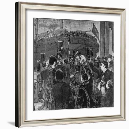 Ship Leaving Docks as Crowds Wave Goodbye-null-Framed Giclee Print