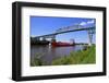 Ship on Kiel Canal going under the Railway Bridge of Hochdonn, Dithmarschen, Schleswig-Holstein, Ge-Hans-Peter Merten-Framed Photographic Print