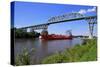 Ship on Kiel Canal going under the Railway Bridge of Hochdonn, Dithmarschen, Schleswig-Holstein, Ge-Hans-Peter Merten-Stretched Canvas