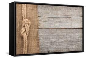 Ship Rope on Old Wood and Burlap Texture Background with Copy Space-karandaev-Framed Stretched Canvas