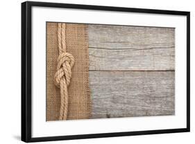 Ship Rope on Old Wood and Burlap Texture Background with Copy Space-karandaev-Framed Photographic Print