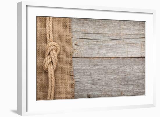 Ship Rope on Old Wood and Burlap Texture Background with Copy Space-karandaev-Framed Photographic Print