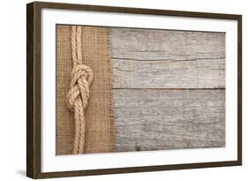 Ship Rope on Old Wood and Burlap Texture Background with Copy Space-karandaev-Framed Photographic Print