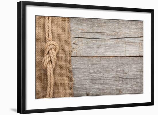 Ship Rope on Old Wood and Burlap Texture Background with Copy Space-karandaev-Framed Photographic Print