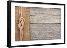 Ship Rope on Old Wood and Burlap Texture Background with Copy Space-karandaev-Framed Photographic Print