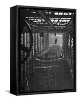 Shipbuilding, 10,000 Ton Merchantman Frames on Overhead Trolley Crane Dropping Plate into Position-William Vandivert-Framed Stretched Canvas