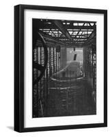 Shipbuilding, 10,000 Ton Merchantman Frames on Overhead Trolley Crane Dropping Plate into Position-William Vandivert-Framed Photographic Print