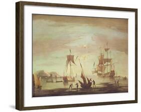 Shipping Becalmed Off Shore at Sunset-Peter Monamy-Framed Giclee Print