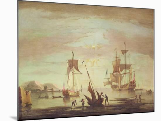 Shipping Becalmed Off Shore at Sunset-Peter Monamy-Mounted Giclee Print
