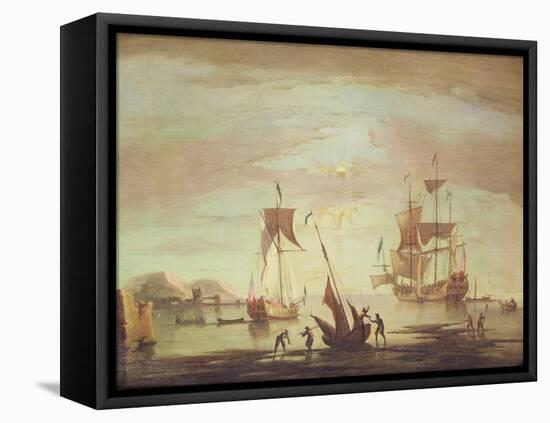 Shipping Becalmed Off Shore at Sunset-Peter Monamy-Framed Stretched Canvas