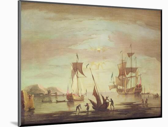 Shipping Becalmed Off Shore at Sunset-Peter Monamy-Mounted Giclee Print