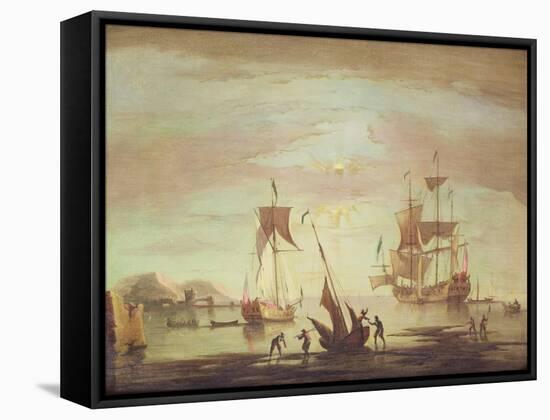 Shipping Becalmed Off Shore at Sunset-Peter Monamy-Framed Stretched Canvas