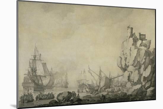 Ships and Militia by a Rocky Shore, C.1680 (Pen and Ink on Prepared Canvas)-Willem Van De Velde the Elder-Mounted Giclee Print