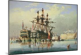 Ships in Ordinary at Devonport, C.1850 (Watercolour)-Nicholas Condy-Mounted Giclee Print