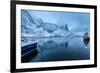 Ships Moored in the Small Harbor of Reine under a Gloomy Sky in the South of the Lofoten Islands-Roberto Moiola-Framed Photographic Print