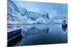 Ships Moored in the Small Harbor of Reine under a Gloomy Sky in the South of the Lofoten Islands-Roberto Moiola-Mounted Photographic Print