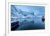 Ships Moored in the Small Harbor of Reine under a Gloomy Sky in the South of the Lofoten Islands-Roberto Moiola-Framed Photographic Print