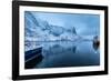 Ships Moored in the Small Harbor of Reine under a Gloomy Sky in the South of the Lofoten Islands-Roberto Moiola-Framed Photographic Print