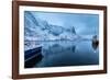 Ships Moored in the Small Harbor of Reine under a Gloomy Sky in the South of the Lofoten Islands-Roberto Moiola-Framed Photographic Print