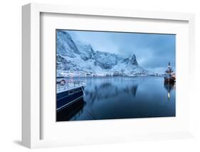 Ships Moored in the Small Harbor of Reine under a Gloomy Sky in the South of the Lofoten Islands-Roberto Moiola-Framed Photographic Print