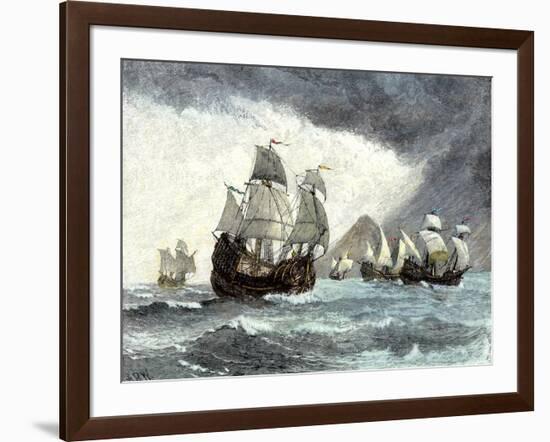 Ships of Ferdinand Magellan Rounding Tierra del Fuego to Circumnavigate the Earth 1519 to 1521-null-Framed Giclee Print