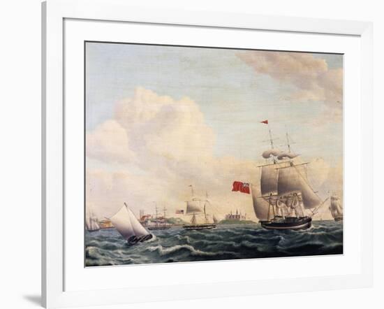 Ships Sailing Through Oresund Strait Between Sweden and Denmark with Kronborg Castle in Background-null-Framed Giclee Print