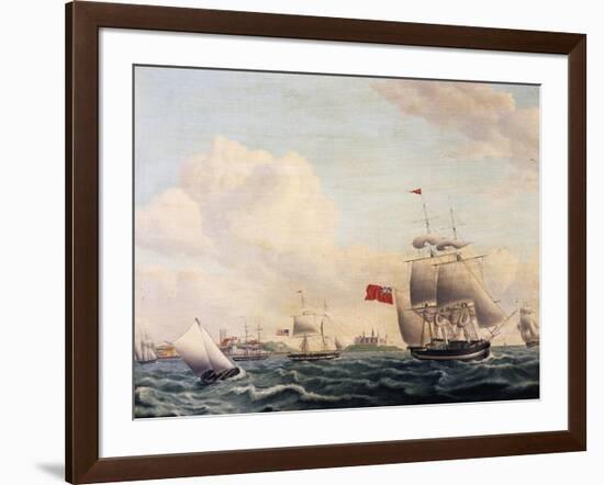 Ships Sailing Through Oresund Strait Between Sweden and Denmark with Kronborg Castle in Background-null-Framed Giclee Print