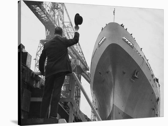 Shipyard Director Waves off the Ship at the Launch of the Transvaal Castle, January 1961-null-Stretched Canvas