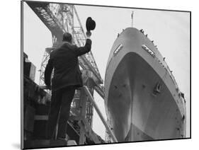 Shipyard Director Waves off the Ship at the Launch of the Transvaal Castle, January 1961-null-Mounted Premium Photographic Print