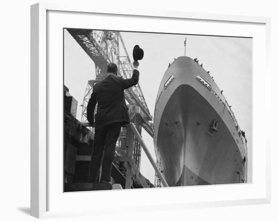 Shipyard Director Waves off the Ship at the Launch of the Transvaal Castle, January 1961-null-Framed Photographic Print