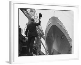 Shipyard Director Waves off the Ship at the Launch of the Transvaal Castle, January 1961-null-Framed Photographic Print