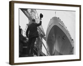 Shipyard Director Waves off the Ship at the Launch of the Transvaal Castle, January 1961-null-Framed Photographic Print