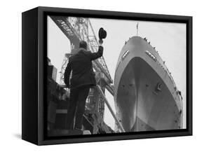 Shipyard Director Waves off the Ship at the Launch of the Transvaal Castle, January 1961-null-Framed Stretched Canvas