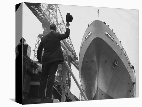 Shipyard Director Waves off the Ship at the Launch of the Transvaal Castle, January 1961-null-Stretched Canvas