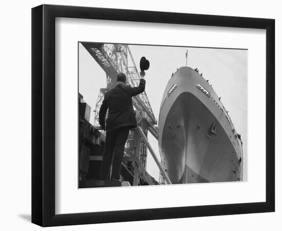 Shipyard Director Waves off the Ship at the Launch of the Transvaal Castle, January 1961-null-Framed Photographic Print