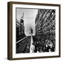 Shipyard Workers Watching as the "Bethlehem Fairchild" Launches Into the Water-Marie Hansen-Framed Photographic Print