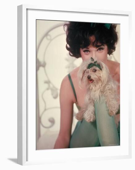 Shirley MacLaine as Irma Posing with Small Dog in Motion Picture Irma La Douce-Gjon Mili-Framed Premium Photographic Print