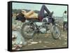 Shirtless Man in Levi Strauss Jeans Lying on Motorcycle Seat at Woodstock Music Festival-Bill Eppridge-Framed Stretched Canvas