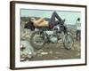 Shirtless Man in Levi Strauss Jeans Lying on Motorcycle Seat at Woodstock Music Festival-Bill Eppridge-Framed Photographic Print