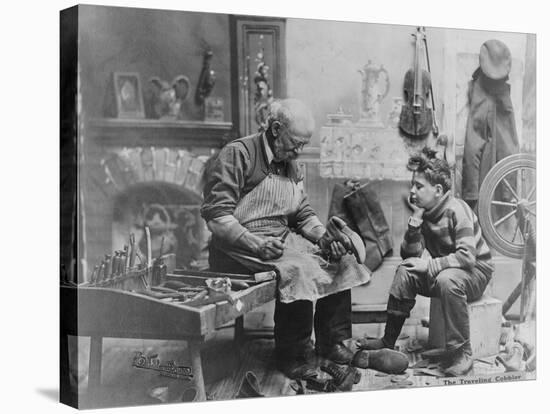 Shoemaker Preparing Shoes for Young Boy-null-Stretched Canvas