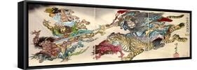 Shoki Riding on a Tiger Chasing Demons Away, Titled Satsuki-Kyosai Kawanabe-Framed Stretched Canvas