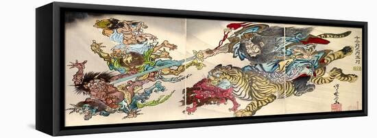 Shoki Riding on a Tiger Chasing Demons Away, Titled Satsuki-Kyosai Kawanabe-Framed Stretched Canvas