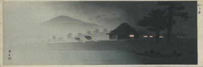 Two Men Pulling a Boat, with House with Lights on-Shokoku Yamamoto-Framed Stretched Canvas